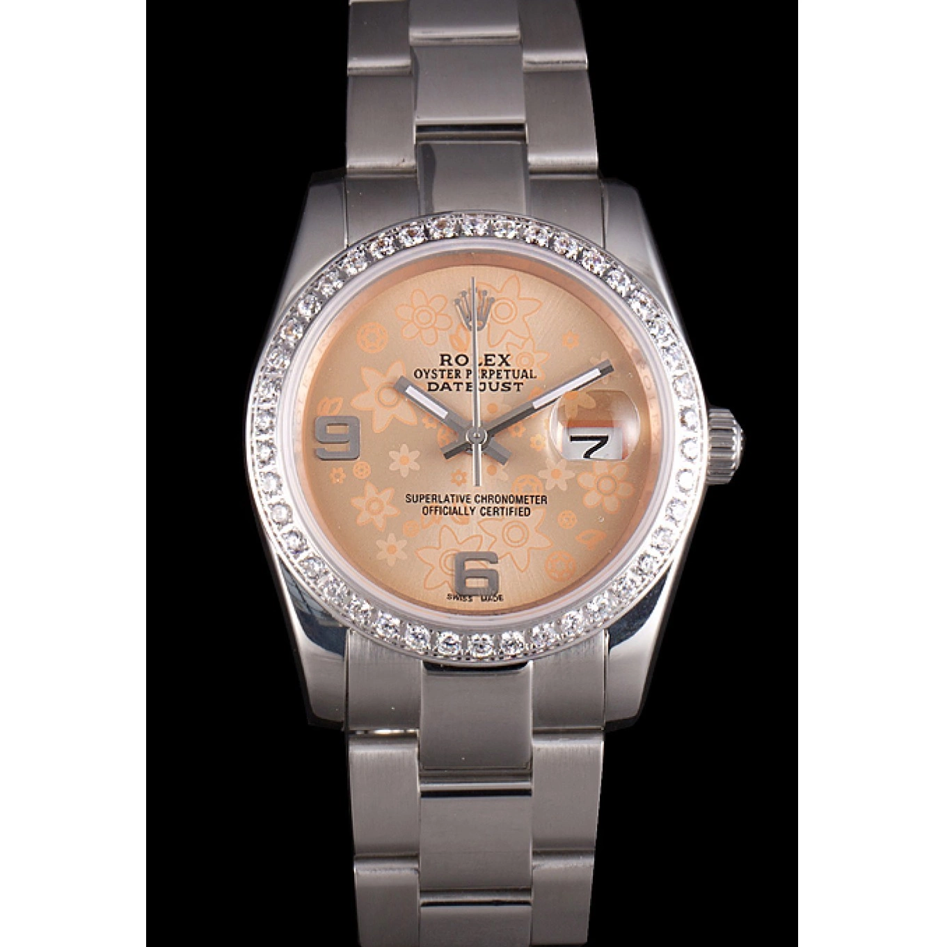 Best AAA Replica Sites Flowers Steel Diamond Rolex Dial Plated Datejust Orange Polished Stainless 0626